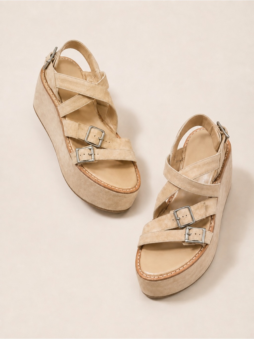 Ann Demeulemeester Cream Suede Platform Sandals EU 40 70s Boho Luxe Avant Garde